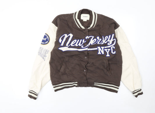 Pull & Bear Women Brown Varsity Jacket Medium Cotton New Jersey NYC