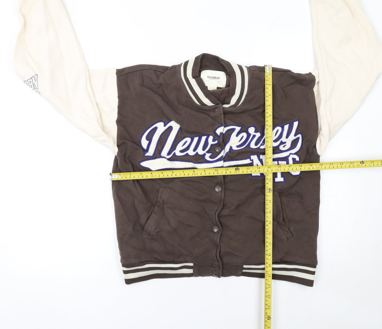Pull & Bear Women Brown Varsity Jacket Medium Cotton New Jersey NYC