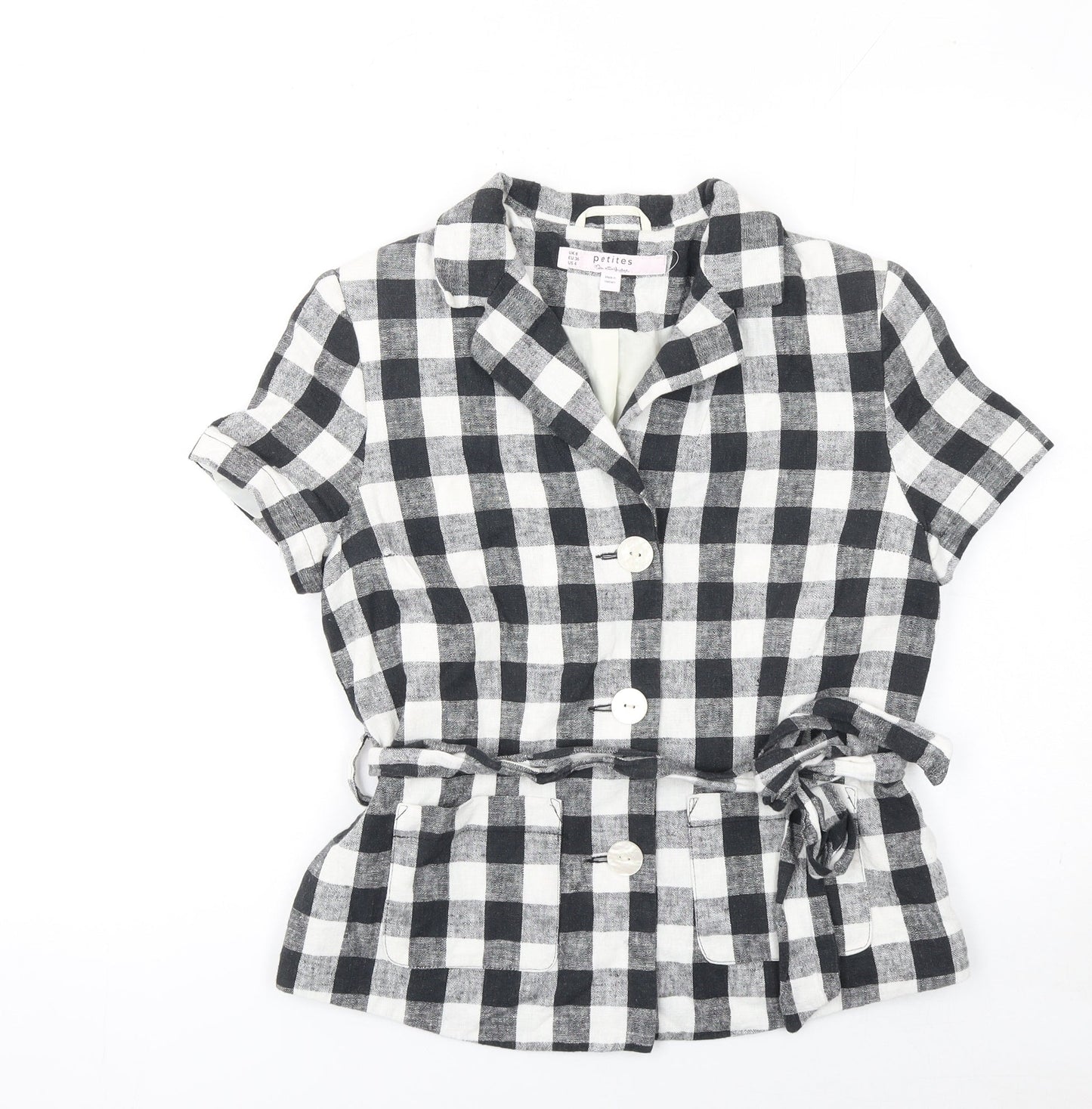 Miss Selfridge Petites Black Check Linen Blend Short Sleeve Blazer UK 8