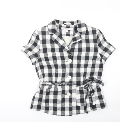 Miss Selfridge Petites Black Check Linen Blend Short Sleeve Blazer UK 8