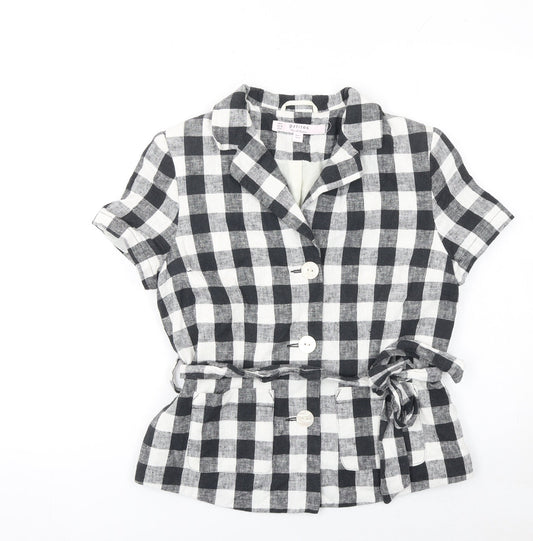 Miss Selfridge Petites Black Check Linen Blend Short Sleeve Blazer UK 8