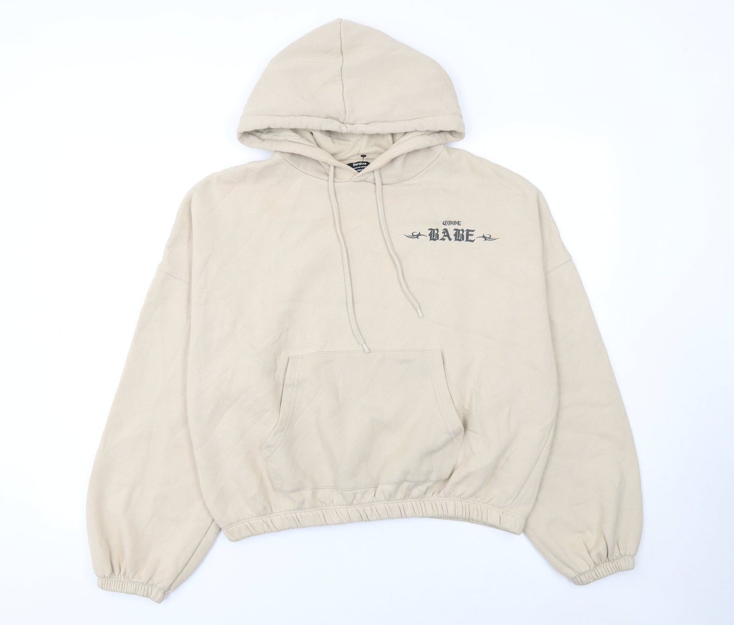 Bershka Women Beige Pullover Hoodie Graphic Print Size S