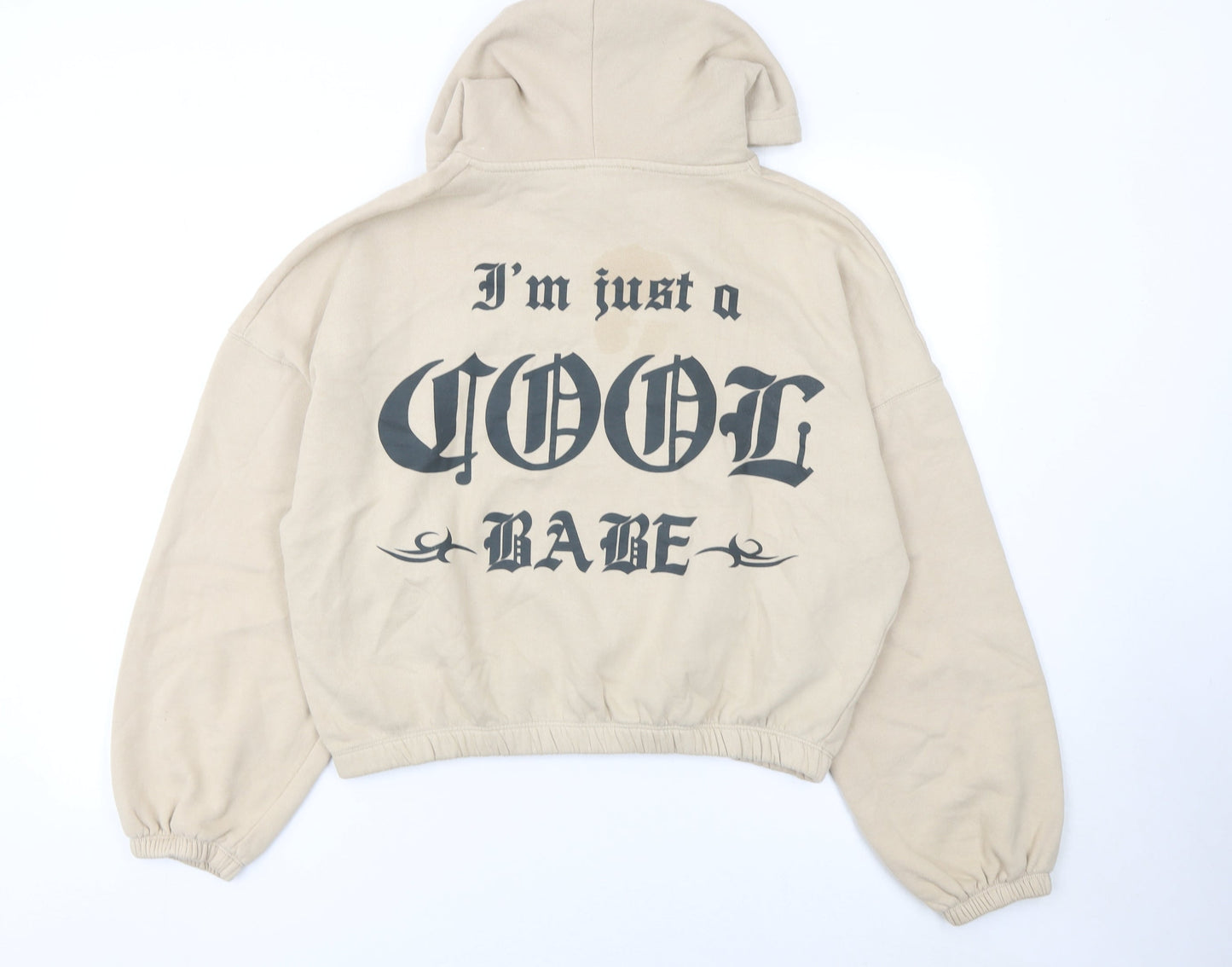 Bershka Women Beige Pullover Hoodie Graphic Print Size S