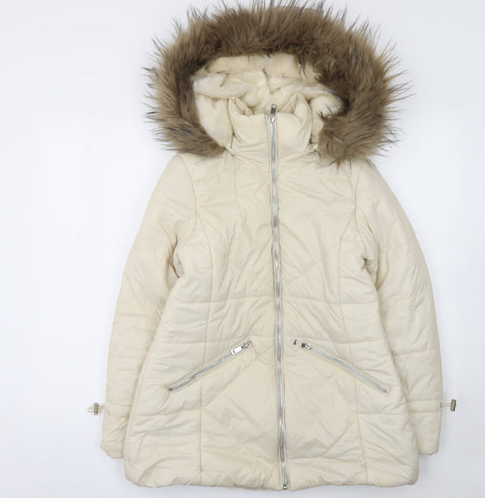 Boohoo Womens Ivory Faux Fur Hooded Puffer Jacket Size 10