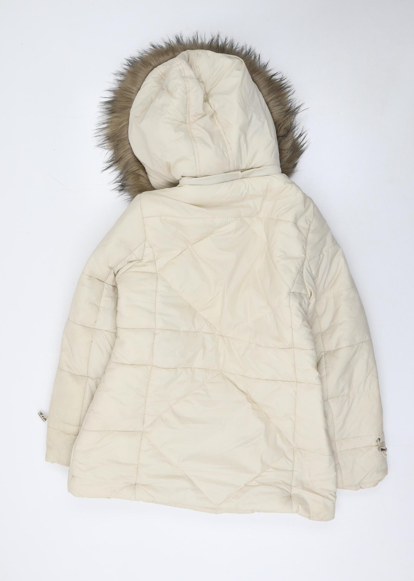 Boohoo Womens Ivory Faux Fur Hooded Puffer Jacket Size 10