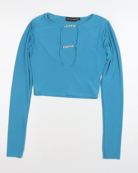 PrettyLittleThing Women's Blue Cropped Long Sleeve Beaded Top Size 6