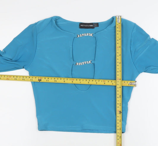 PrettyLittleThing Women's Blue Cropped Long Sleeve Beaded Top Size 6