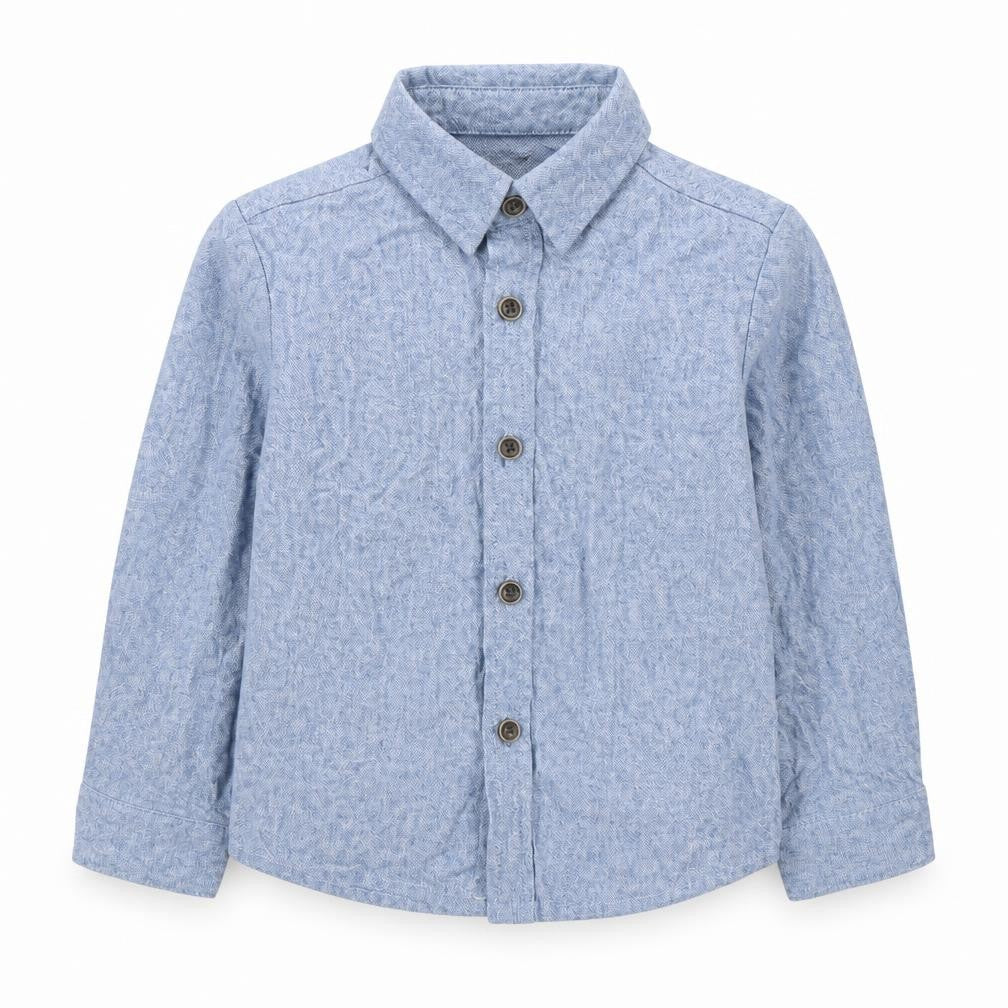 Front view of Primark unisex baby blue cotton button-up long sleeve shirt 18-24 months