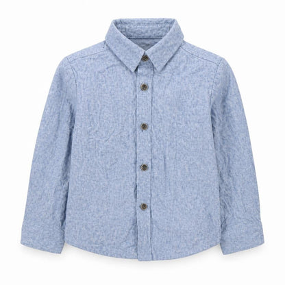 Front view of Primark unisex baby blue cotton button-up long sleeve shirt 18-24 months