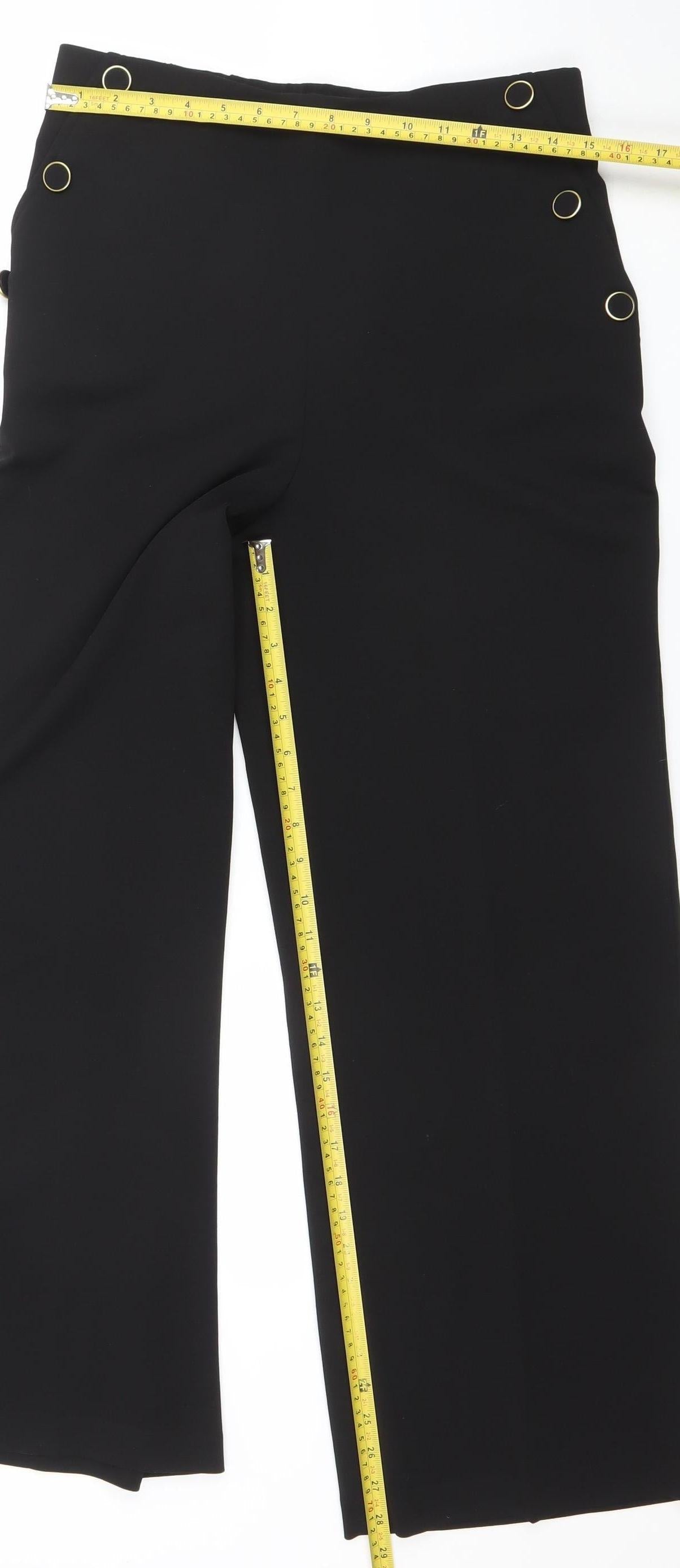 F&F Women Black UK 12 Cropped Trousers Elastic Waist Gold Rings