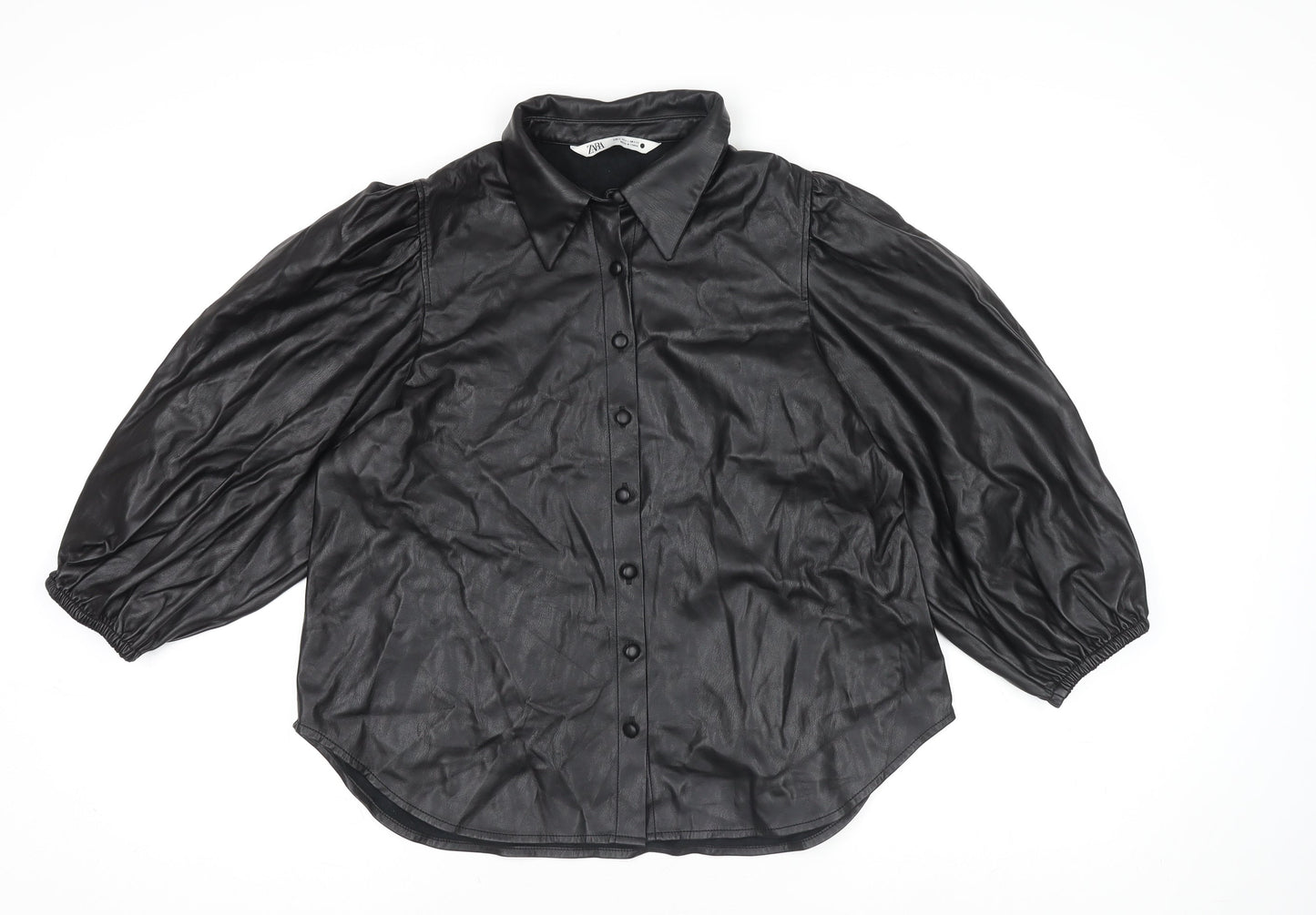 Zara Women Black Faux Leather Collared Button Jacket Size 14