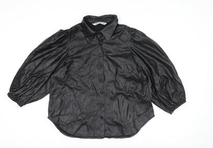 Zara Women Black Faux Leather Collared Button Jacket Size 14