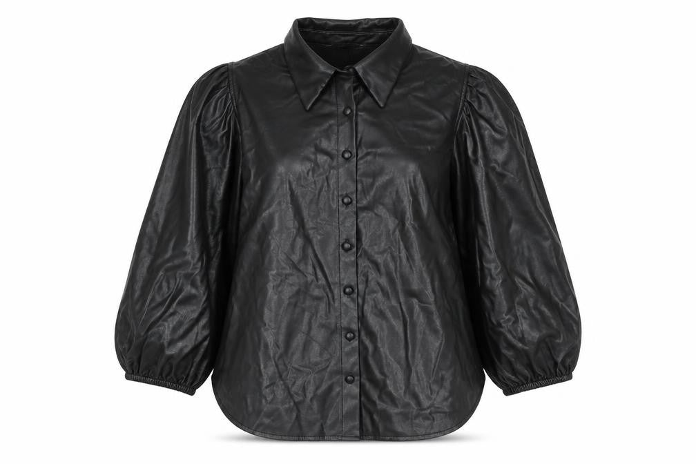 Zara Women Black Faux Leather Collared Button Jacket Size 14