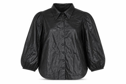 Zara Women Black Faux Leather Collared Button Jacket Size 14