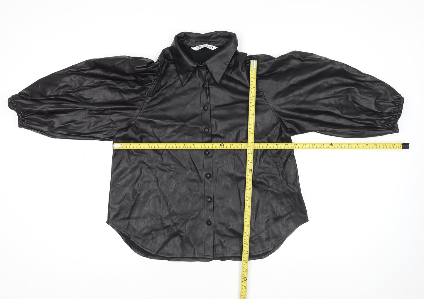 Zara Women Black Faux Leather Collared Button Jacket Size 14