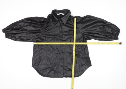 Zara Women Black Faux Leather Collared Button Jacket Size 14