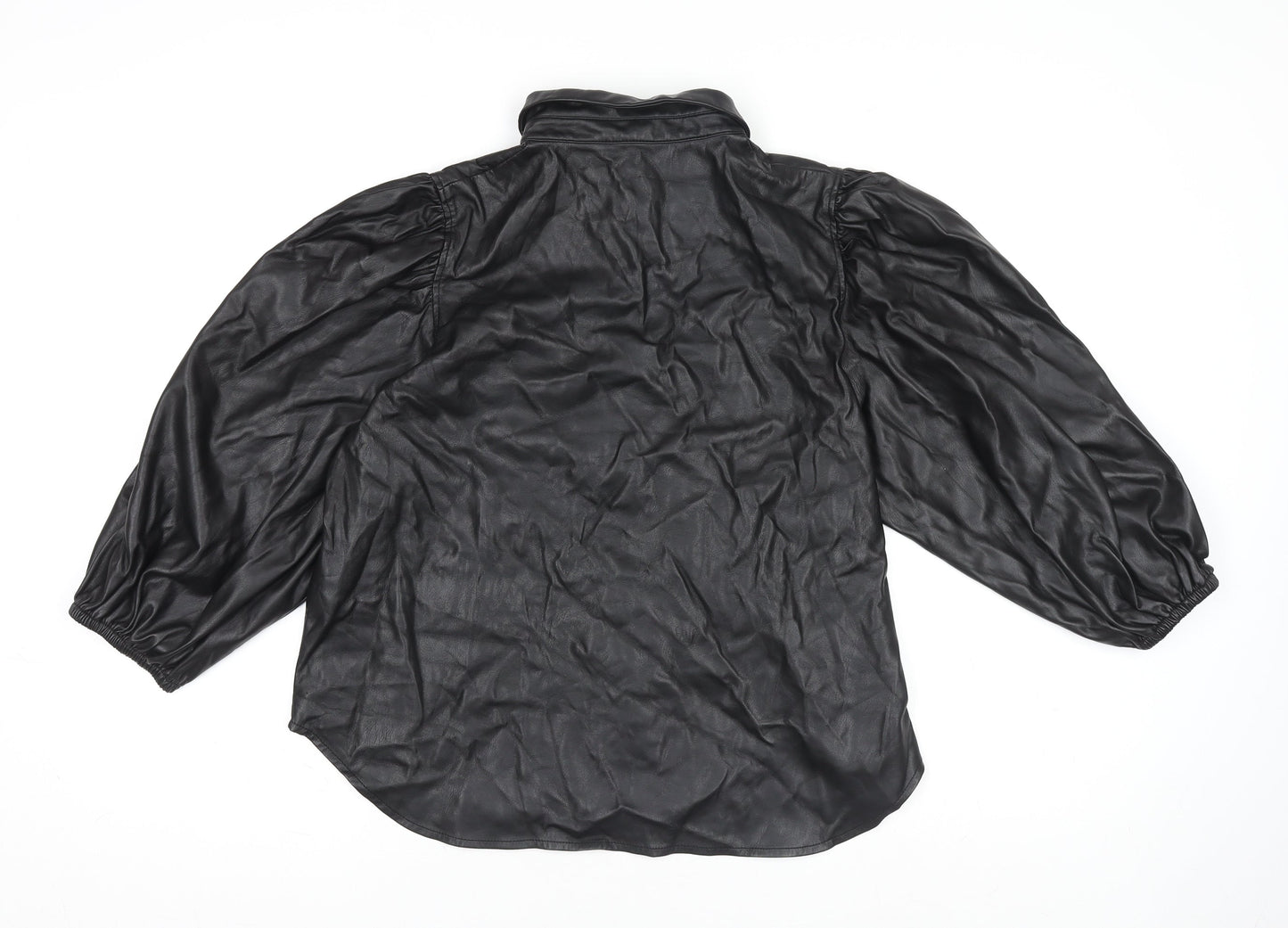 Zara Women Black Faux Leather Collared Button Jacket Size 14