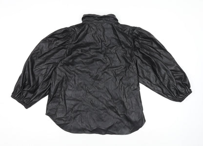 Zara Women Black Faux Leather Collared Button Jacket Size 14