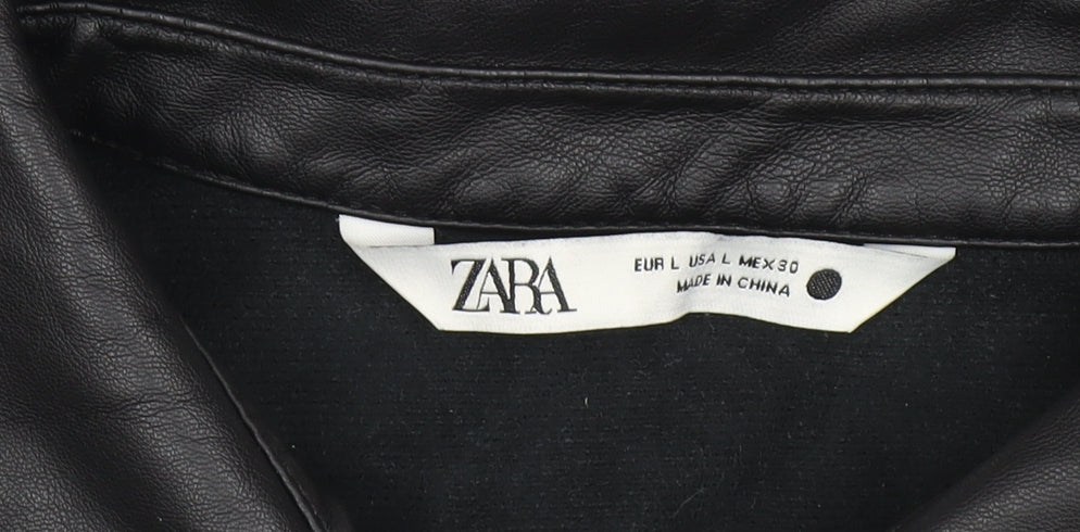 Zara Women Black Faux Leather Collared Button Jacket Size 14
