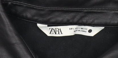 Zara Women Black Faux Leather Collared Button Jacket Size 14