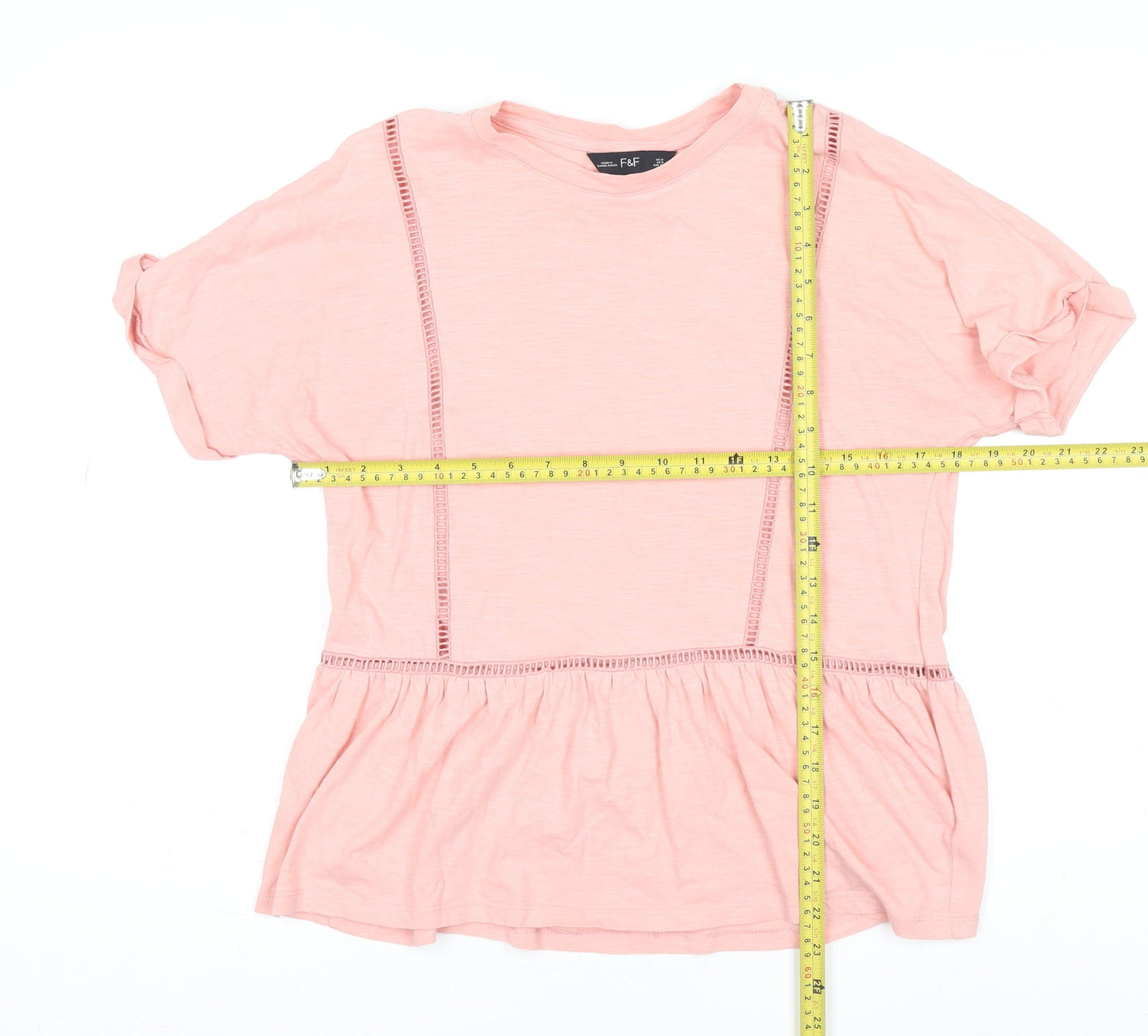 F&F Women's Pink 100% Cotton Tunic T-Shirt UK 12 Short Sleeve