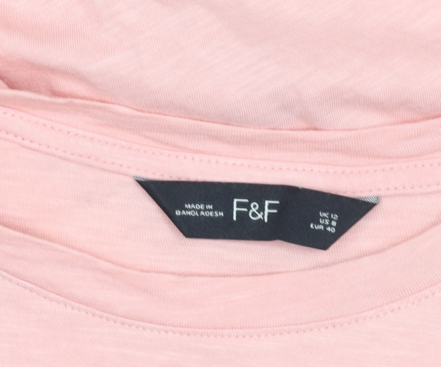 F&F Women's Pink 100% Cotton Tunic T-Shirt UK 12 Short Sleeve