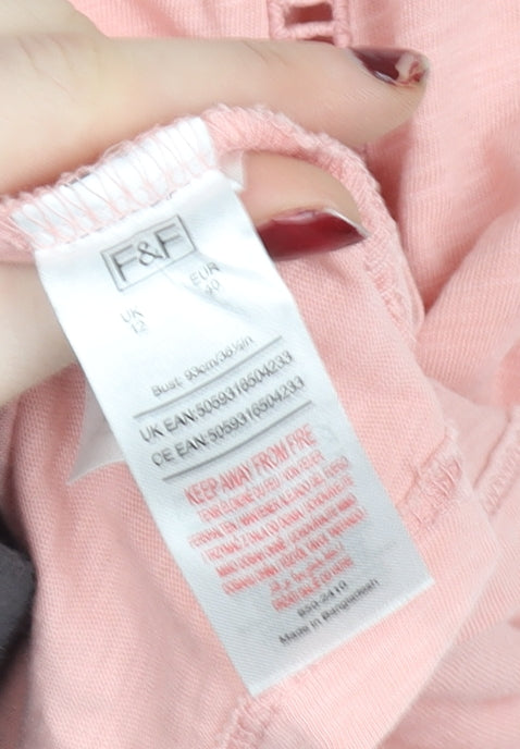 F&F Women's Pink 100% Cotton Tunic T-Shirt UK 12 Short Sleeve