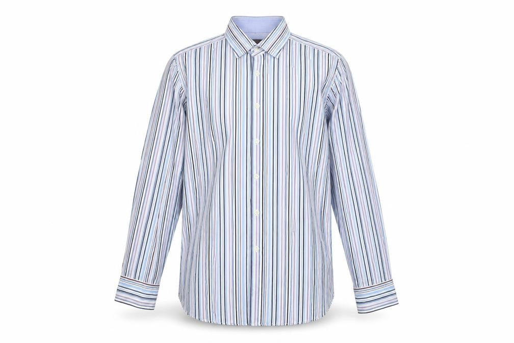 Front view of St George by Duffer Men's Blue Striped Slim Fit Long Sleeve Shirt 17.5in