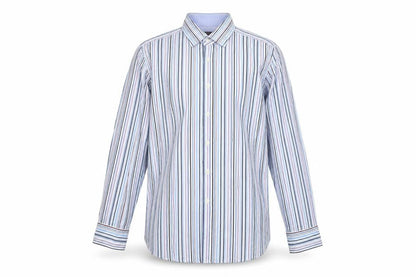 Front view of St George by Duffer Men's Blue Striped Slim Fit Long Sleeve Shirt 17.5in