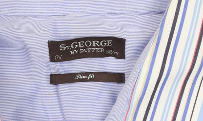 St George by Duffer Men's Blue Striped Slim Fit Long Sleeve Shirt 17.5in