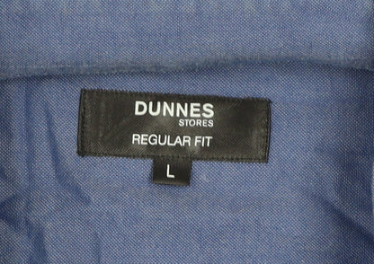 Dunnes Stores Men's Blue Regular Fit Cotton Long Sleeve Button-Up Shirt Size L
