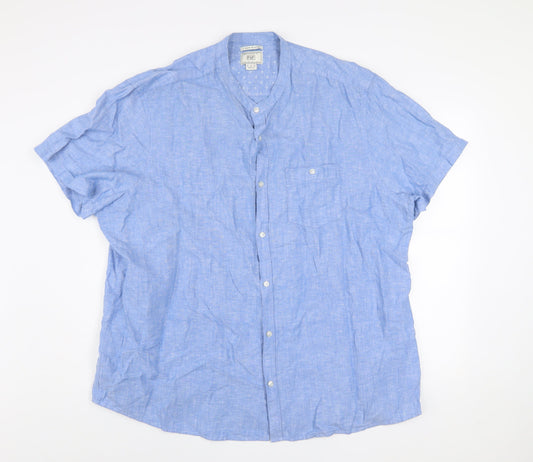 F&F Men's Blue Linen Blend Band Collar Short Sleeve 3XL Shirt