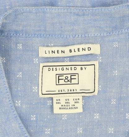 F&F Men's Blue Linen Blend Band Collar Short Sleeve 3XL Shirt