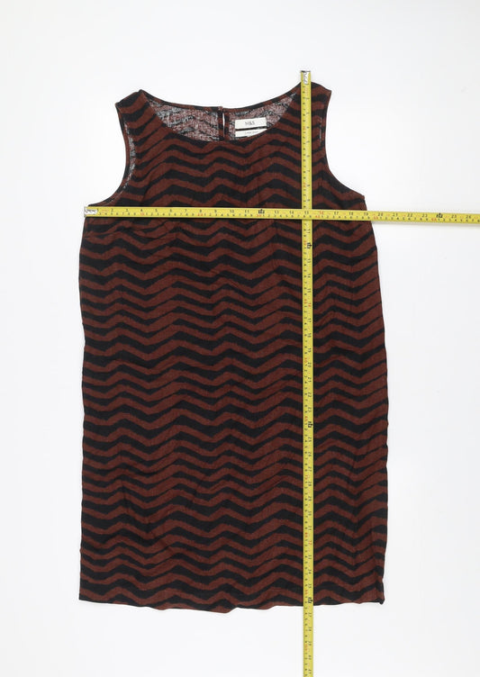 Marks and Spencer Women Brown Chevron Linen Shift Dress Size 10