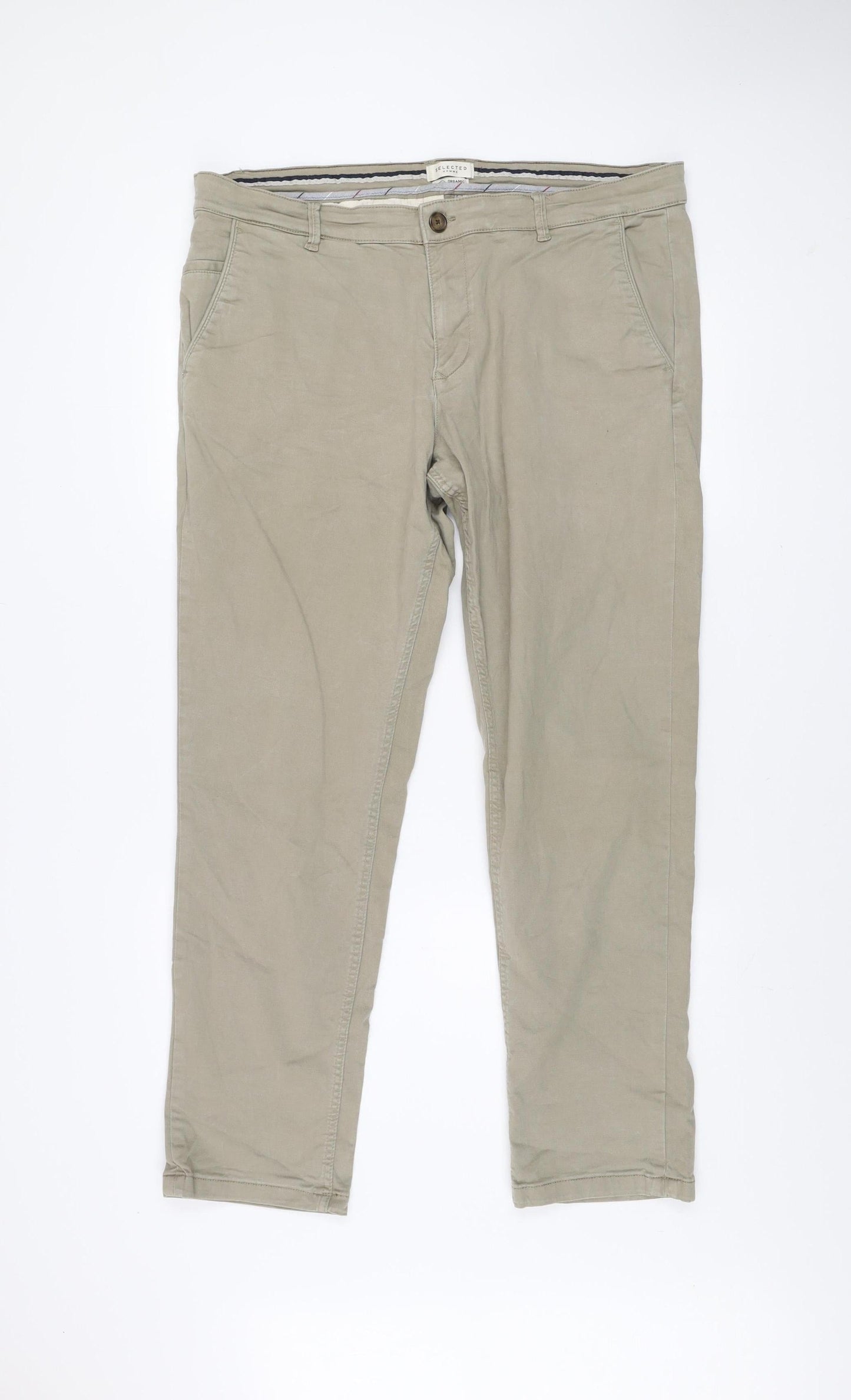 Selected Homme Men's Beige Chino Trousers W38 L34 Organic Cotton Blend