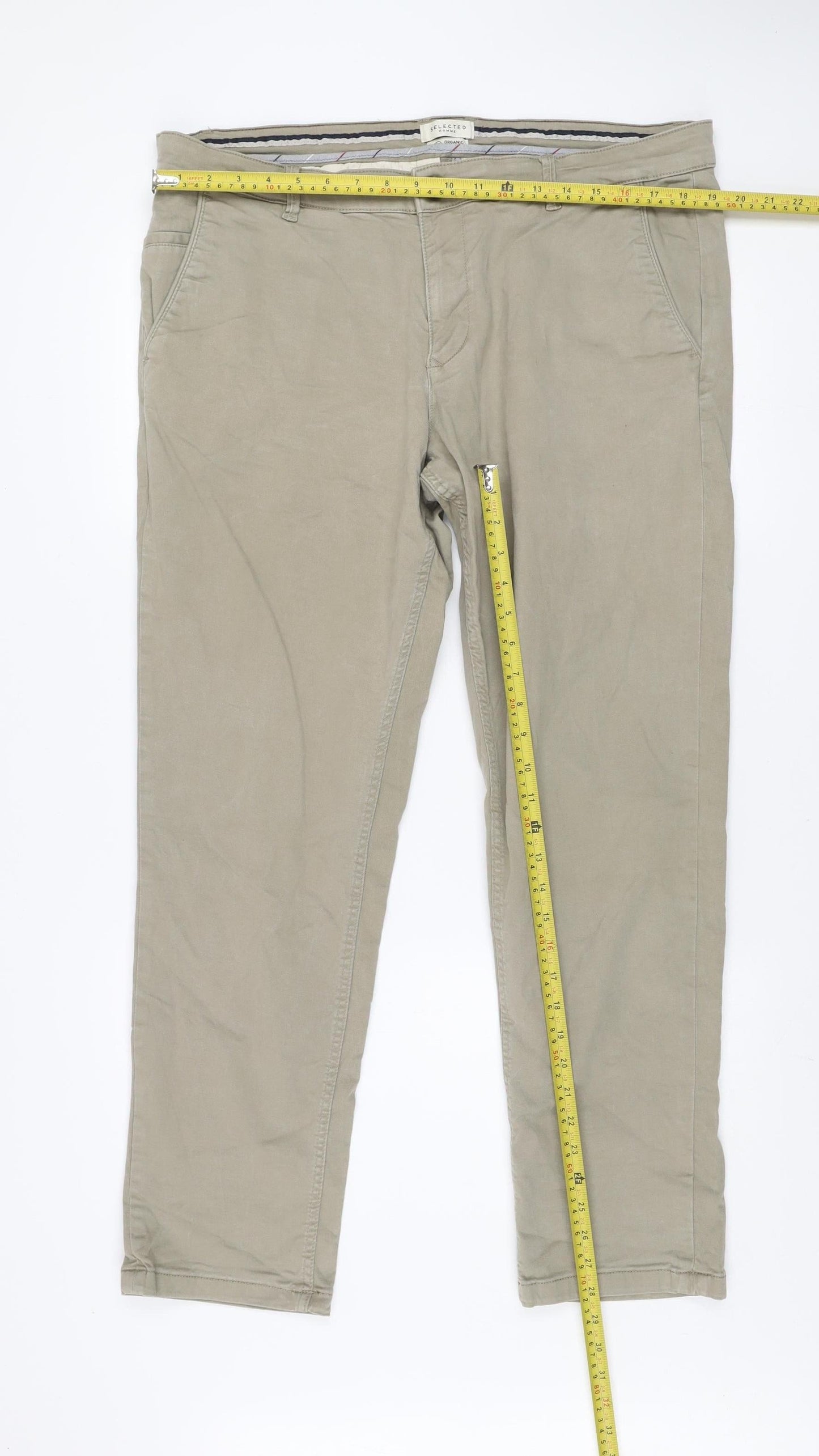 Selected Homme Men's Beige Chino Trousers W38 L34 Organic Cotton Blend