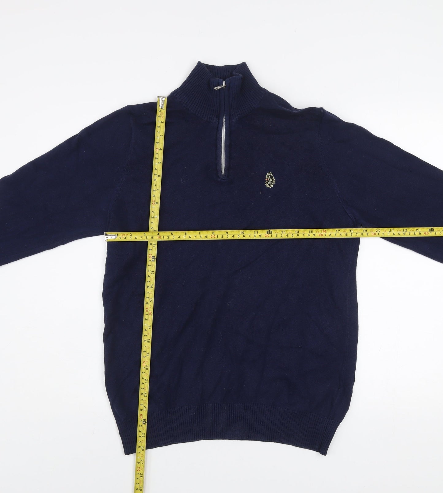 Luke Men's Blue Small 1/4 Zip Cotton Jumper High Neck Knitwear