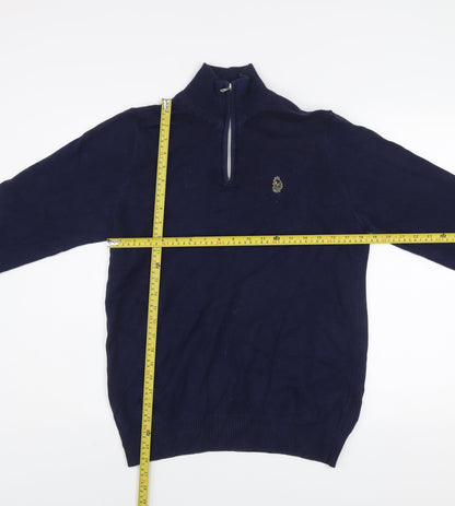 Luke Men's Blue Small 1/4 Zip Cotton Jumper High Neck Knitwear