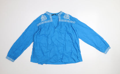 Dunnes Womens Blue Embroidered Cotton Long Sleeve Tunic Blouse Size M