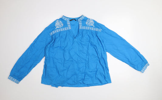 Dunnes Womens Blue Embroidered Cotton Long Sleeve Tunic Blouse Size M