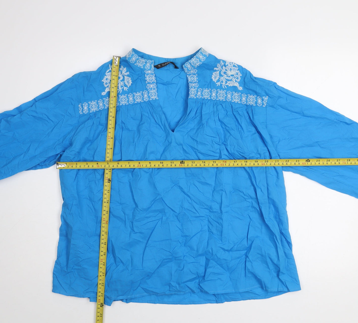 Dunnes Womens Blue Embroidered Cotton Long Sleeve Tunic Blouse Size M