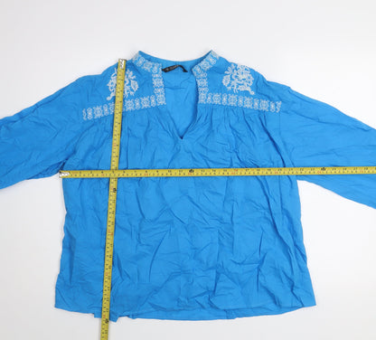 Dunnes Womens Blue Embroidered Cotton Long Sleeve Tunic Blouse Size M