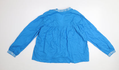 Dunnes Womens Blue Embroidered Cotton Long Sleeve Tunic Blouse Size M