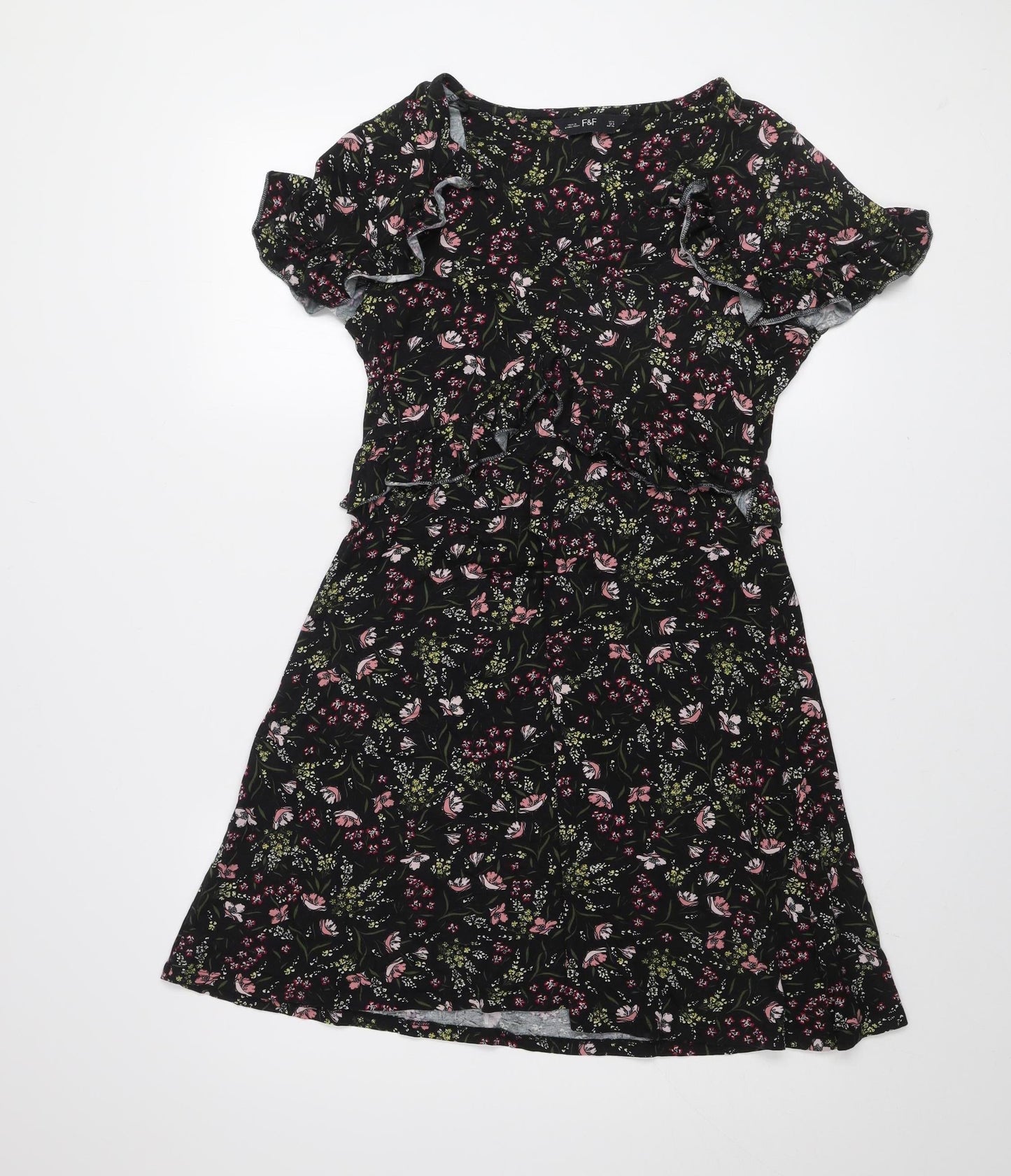 F&F Women’s Black Floral Ruffle Stretch Knee Length Dress Size 12