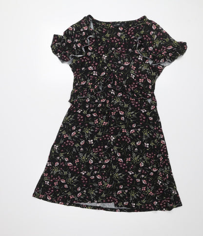 F&F Women’s Black Floral Ruffle Stretch Knee Length Dress Size 12