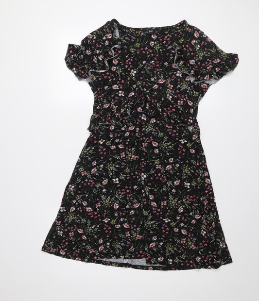 F&F Women’s Black Floral Ruffle Stretch Knee Length Dress Size 12
