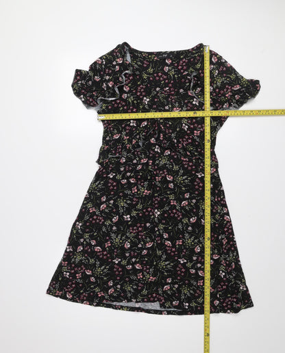 F&F Women’s Black Floral Ruffle Stretch Knee Length Dress Size 12
