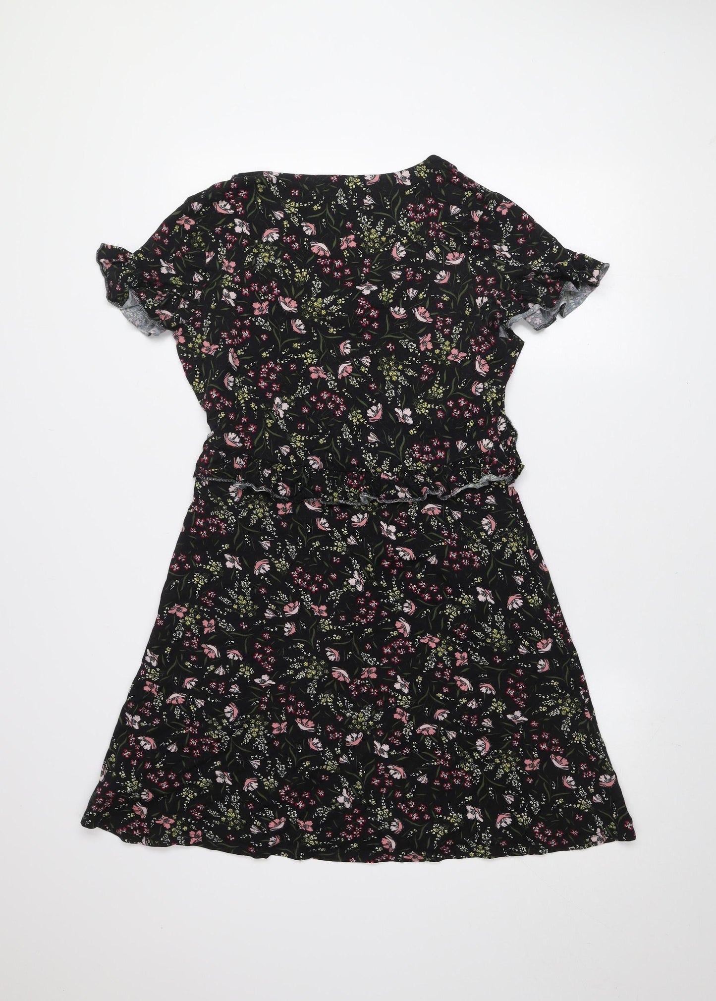 F&F Women’s Black Floral Ruffle Stretch Knee Length Dress Size 12
