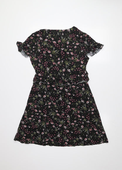 F&F Women’s Black Floral Ruffle Stretch Knee Length Dress Size 12