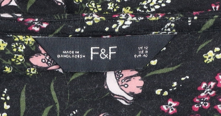 F&F Women’s Black Floral Ruffle Stretch Knee Length Dress Size 12